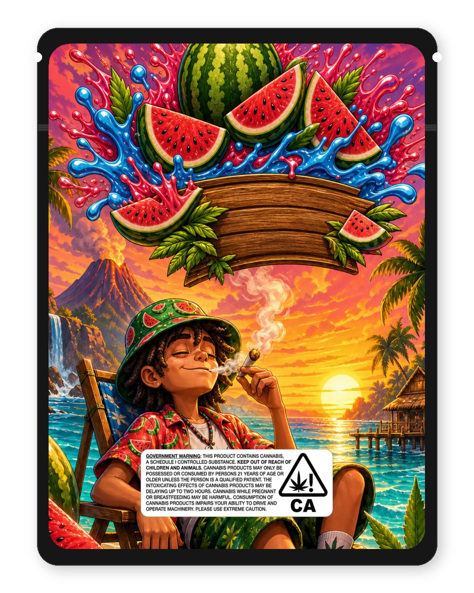 Watermelon Splash Island custom 4"x5" mylar bag design (back)