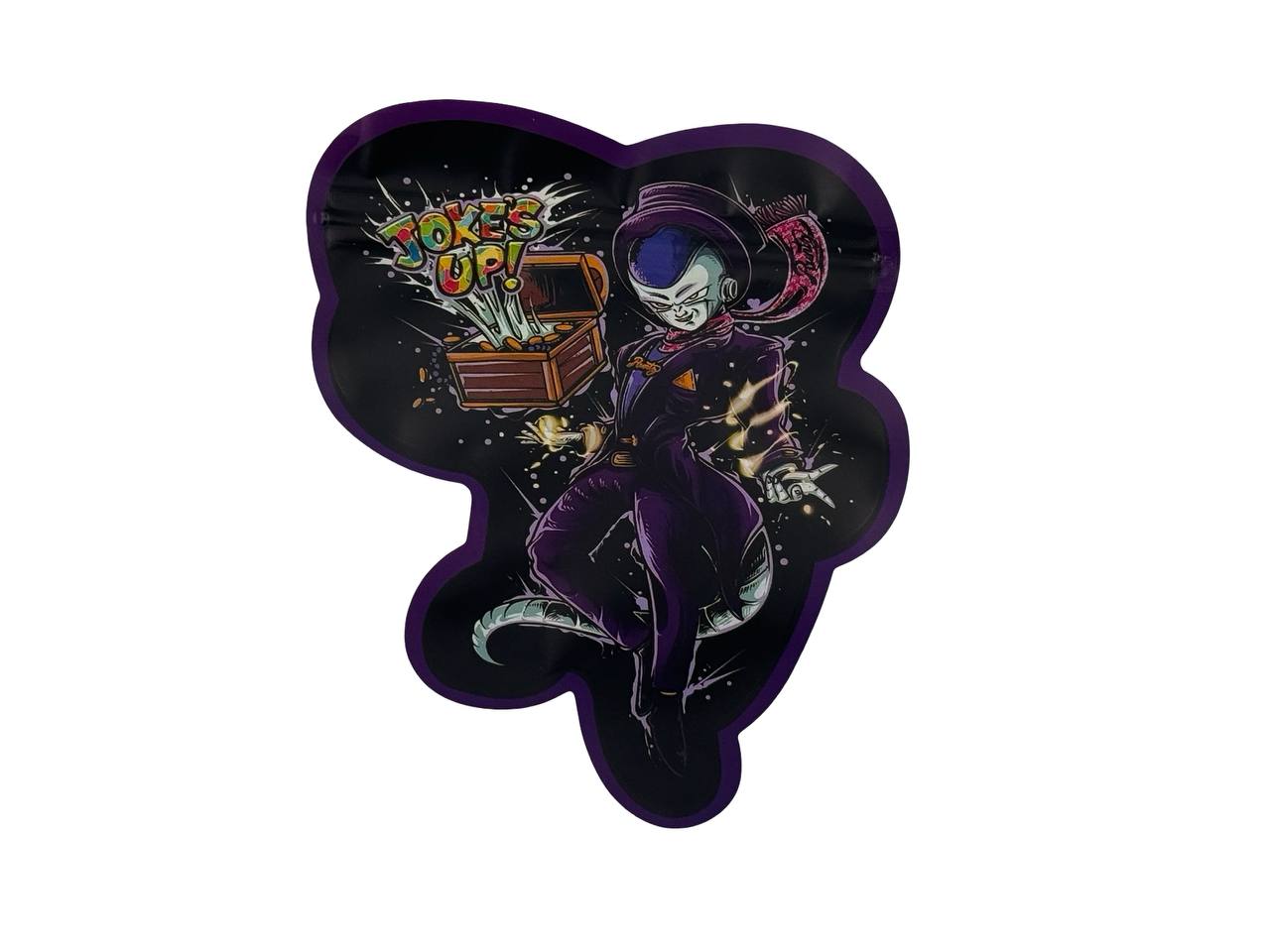 Purple Rizz 3.5g mylar bag back — die-cut alien character silhouette, government warning