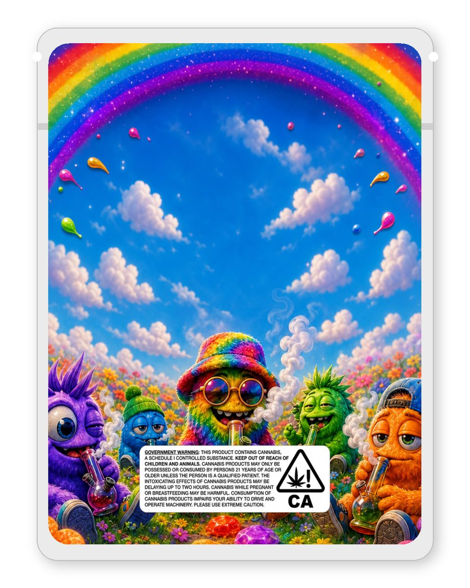 Rainbow Gushers custom 4"x5" mylar bag design (back)