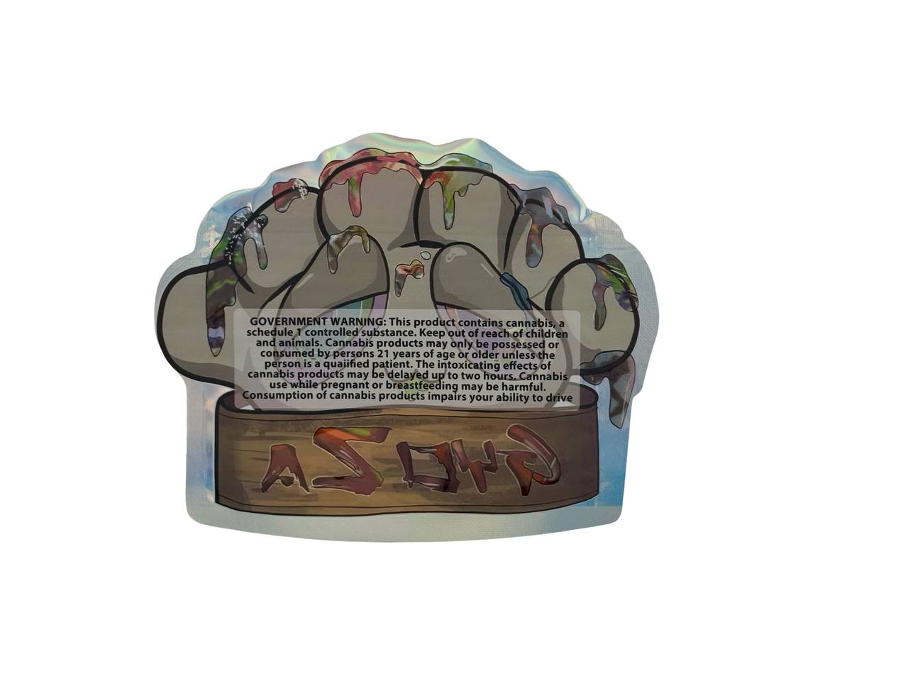 Gyoza 3.5g mylar bag back β die-cut paw shape, holographic finish, California compliance labeling
