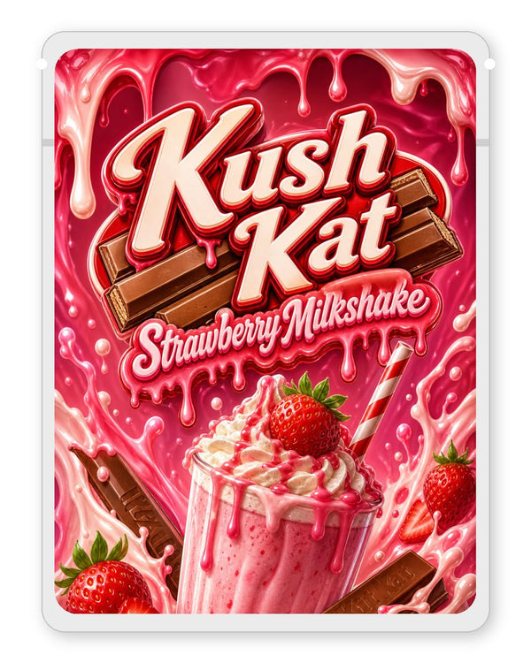 Kush Kat Strawberry Milkshake custom 4"x5" mylar bag design (front)