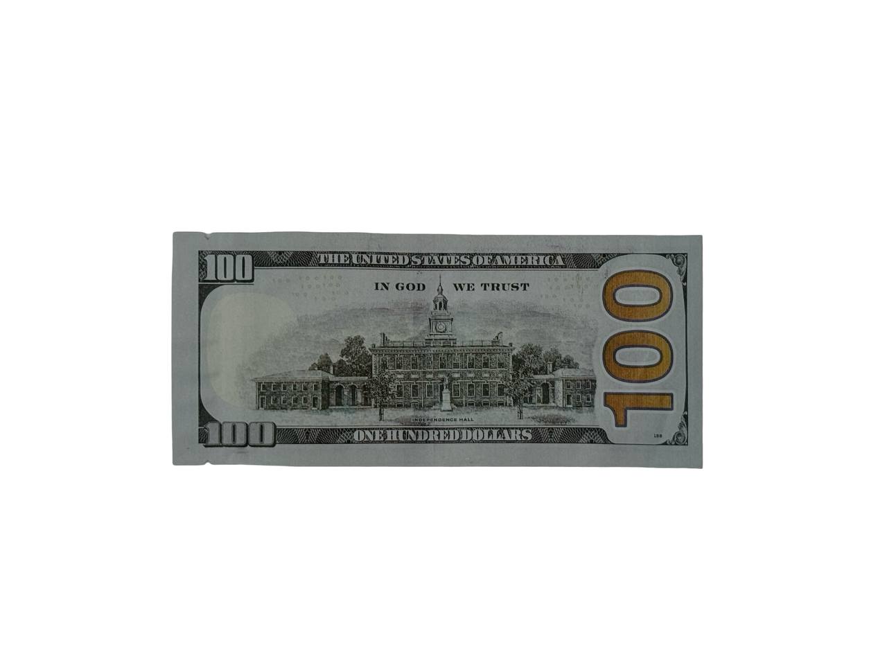 Hundred Dollar Bill 3.5g mylar bag back β Independence Hall vignette with bold gold 100 denomination, Federal Reserve Note-style design