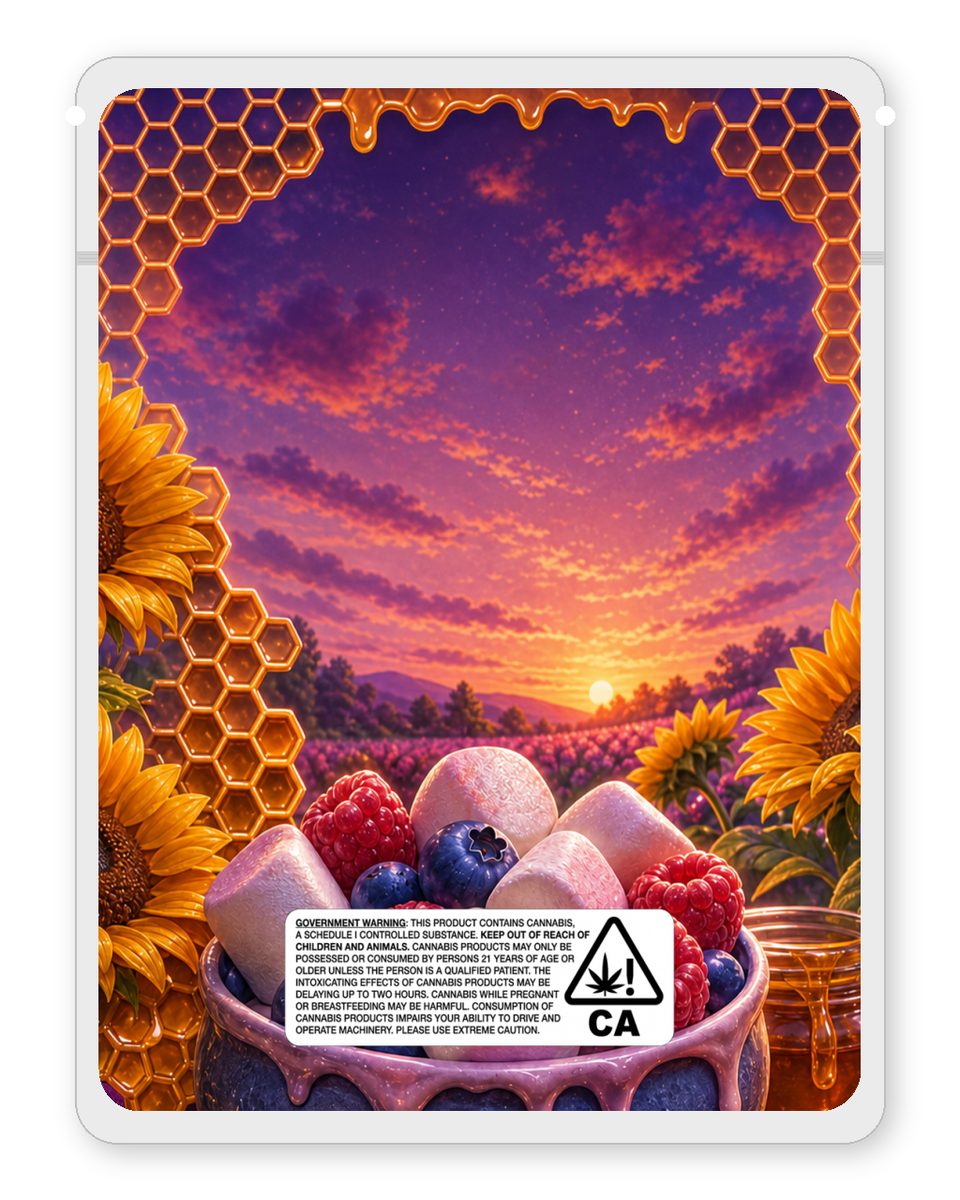 Blueberry raspberry marshmallow custom 4"x5" mylar bag design (back)