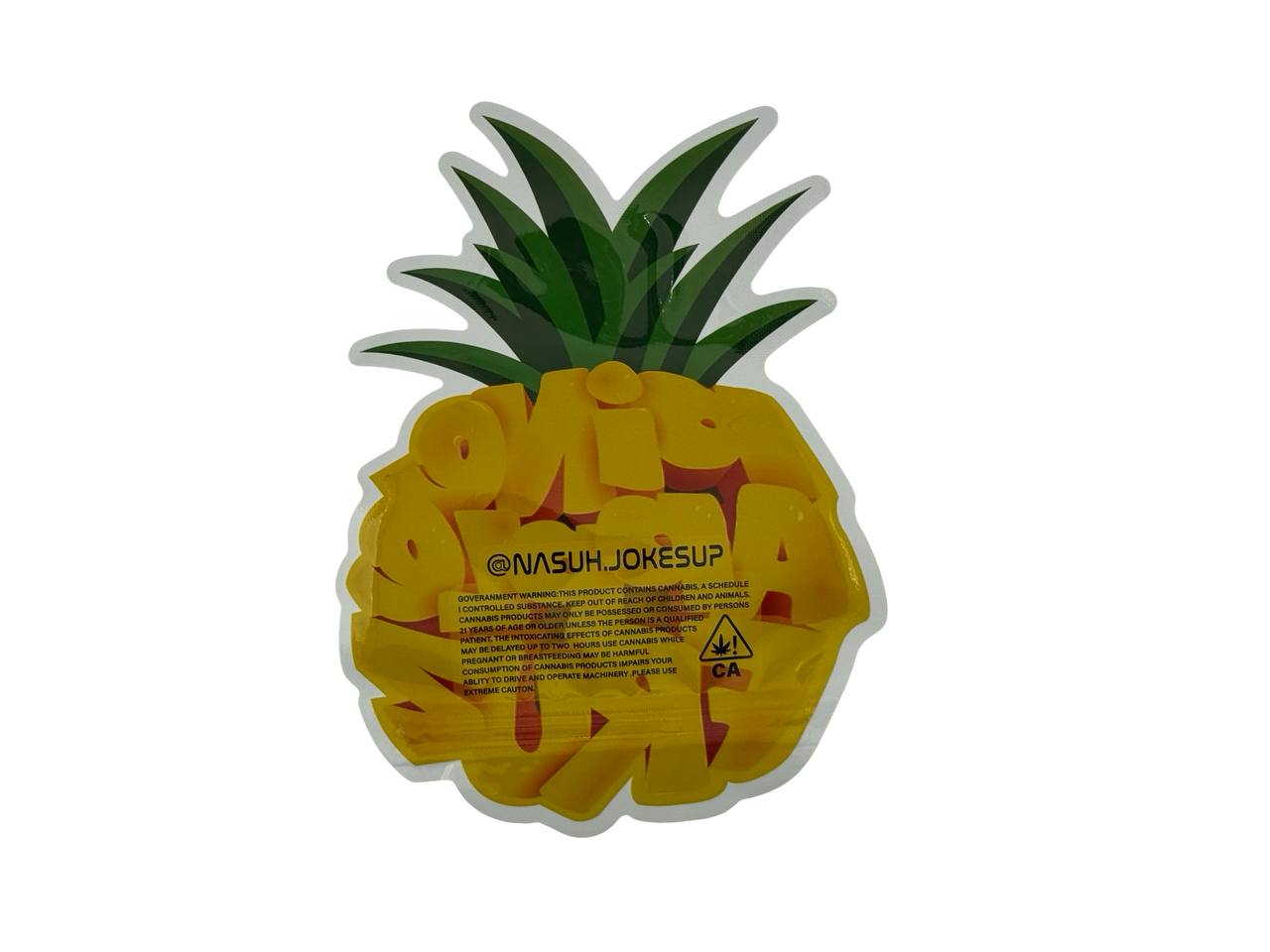 Pineapple Fruz 3.5g mylar bag back β die-cut pineapple silhouette, government warning text