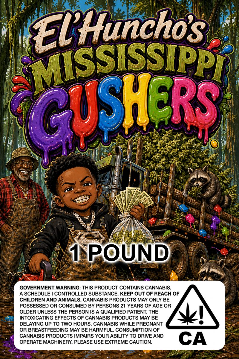 El'Huncho's Mississippi Gushers custom 6x9 pound bag sticker / turkey-bag flavor label