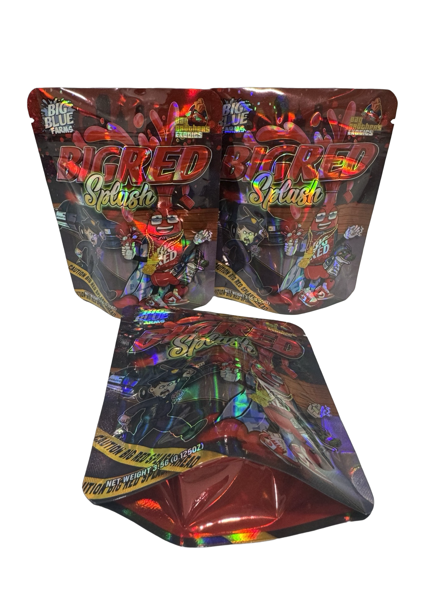 Big Red Splash Mylar Bags 3.5g Big Blue Farms (Only $0.21 Each) — 3.5g pre‑printed mylar bag — overview (front, back & gusse…
