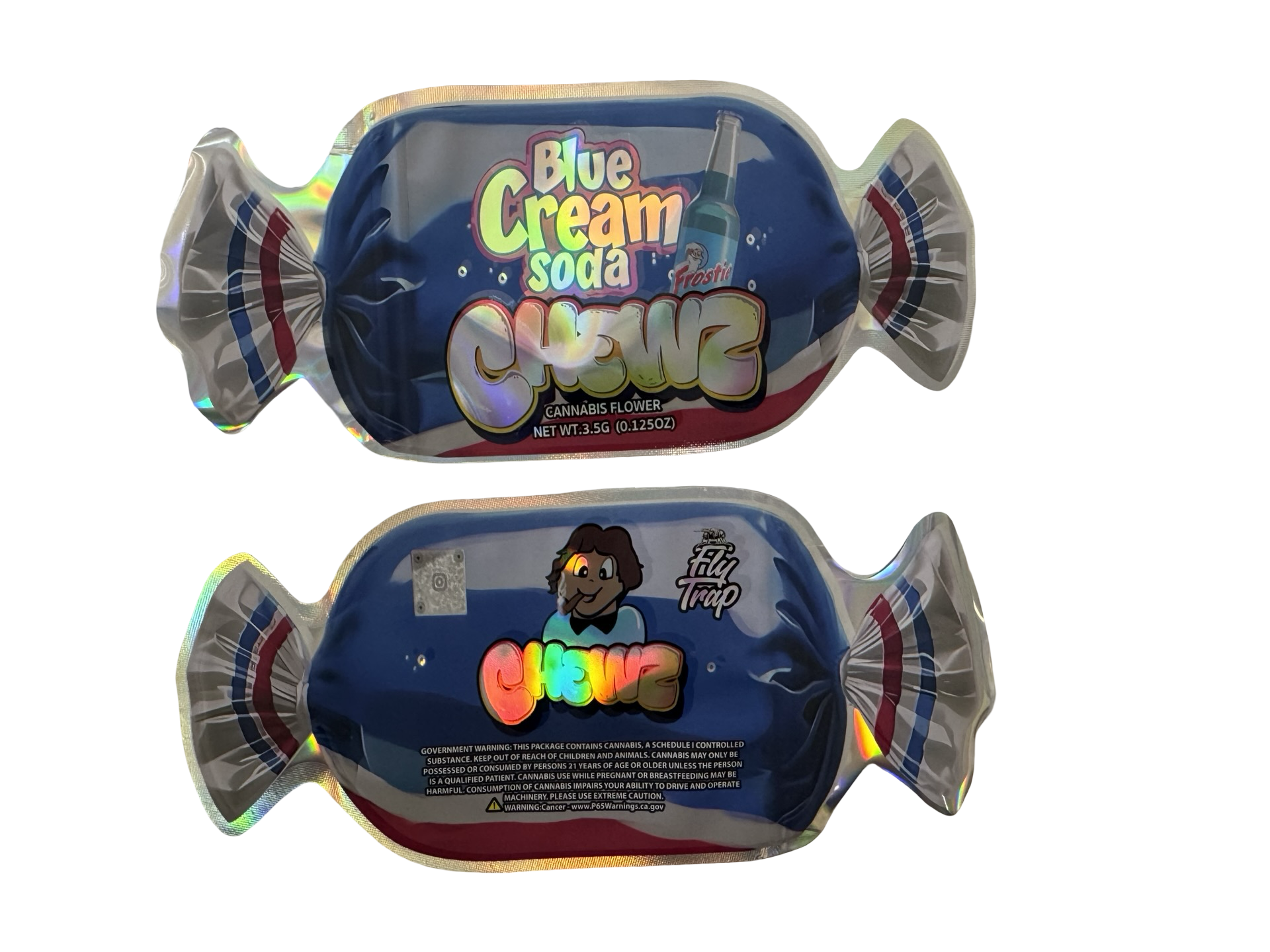 Blue Cream Soda Chewz 3.5g Mylar Bags Fly Trap front and back
