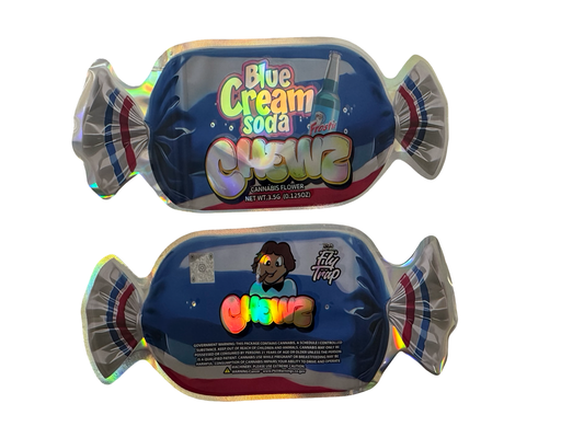 Blue Cream Soda Chewz 3.5g Mylar Bags Fly Trap front and back
