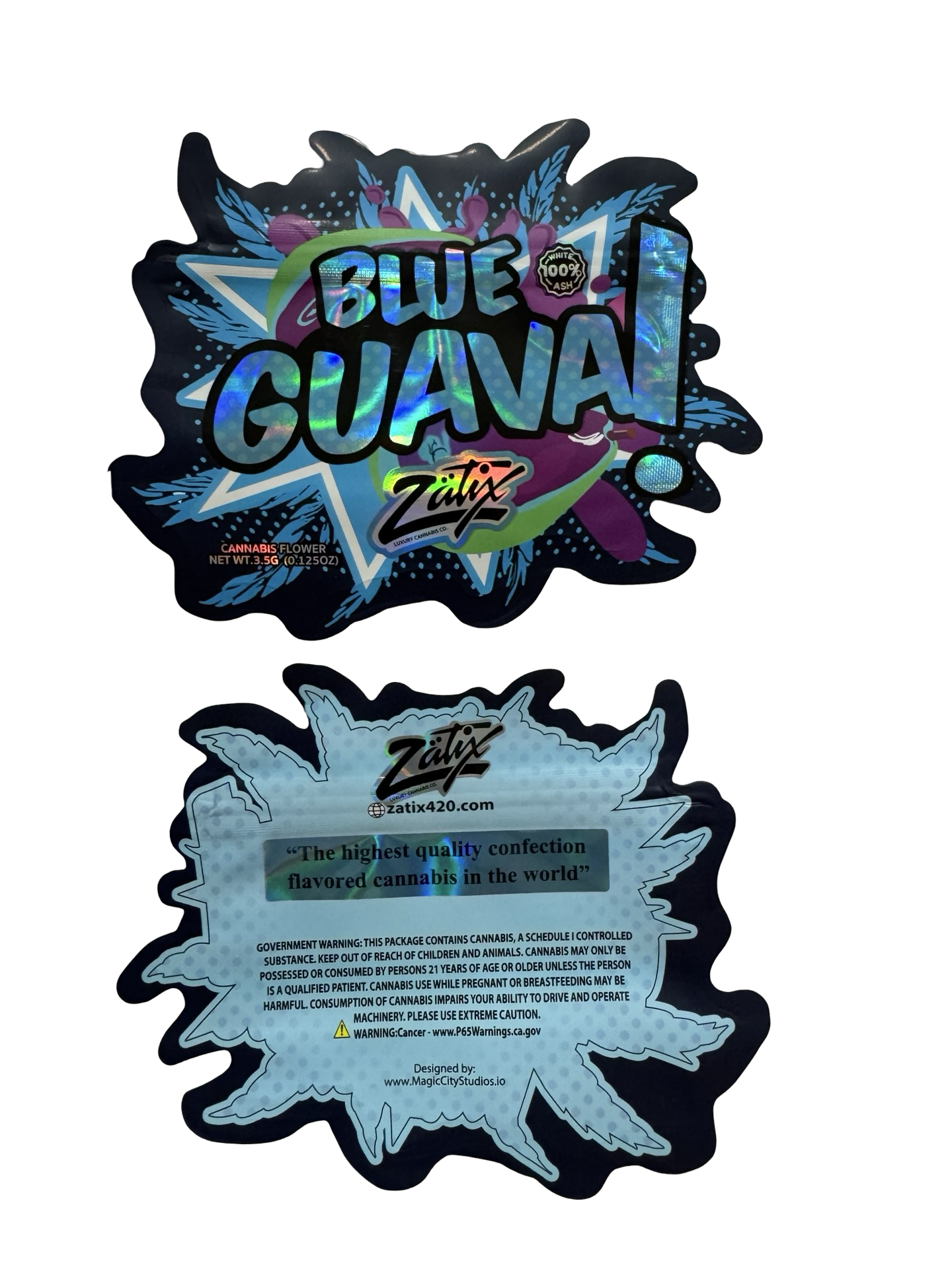 Blue Guava Mylar Bags 3.5g Zatix (Only $0.21 Each) — 3.5g pre‑printed mylar bag — overview (front, back & gusset)