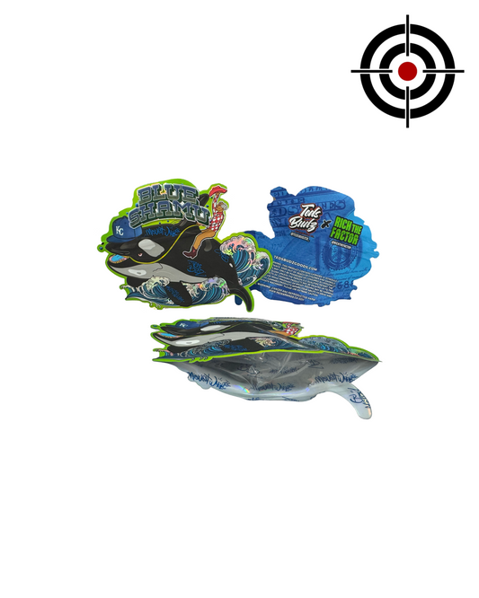 Blue Shamu Mylar Bags 3.5g Teds Budz — 3.5g pre‑printed mylar bag — overview (front, back & gusset)