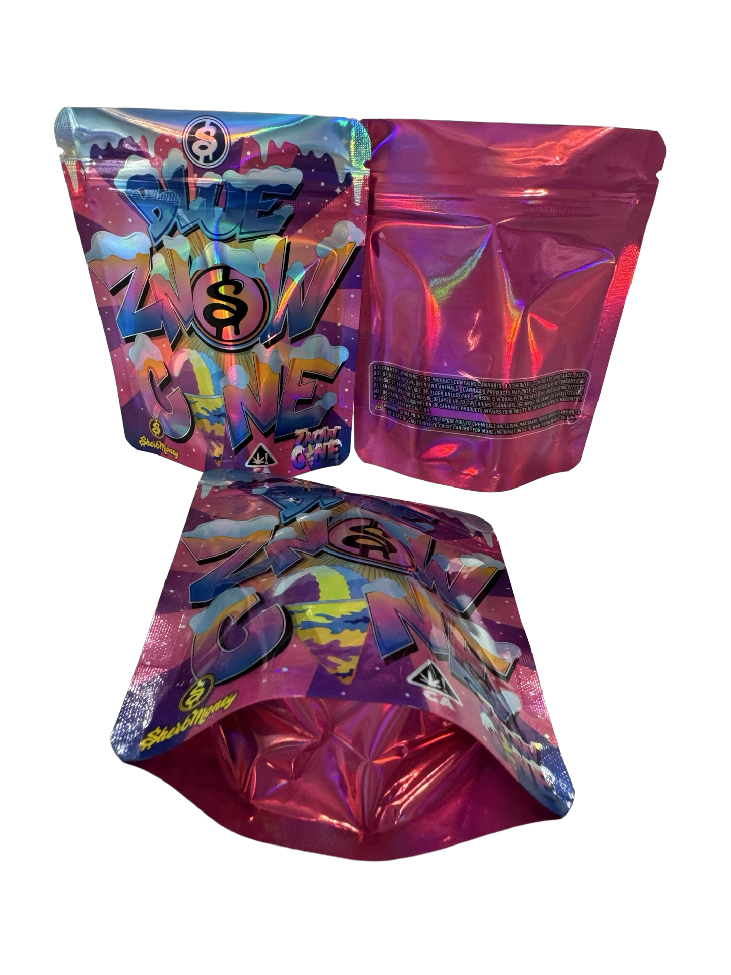 Blue Znow Cone Mylar Bags 3.5g SherbMoney (Only $0.21 Each) — 3.5g pre‑printed mylar bag — overview (front, back & gusset)