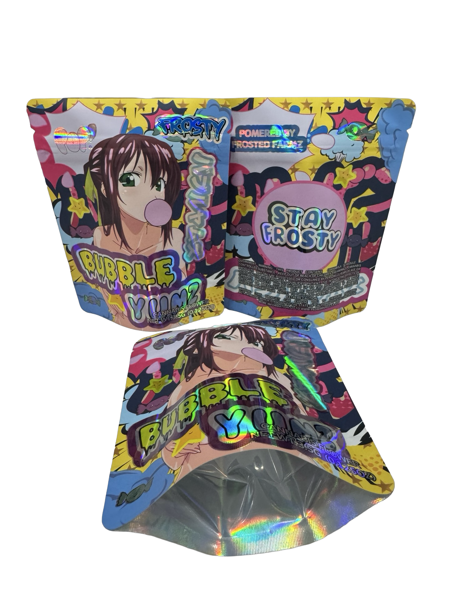 Bubble Yumz Mylar Bags 3.5g Frosty — 3.5g pre‑printed mylar bag — overview (front, back & gusset)