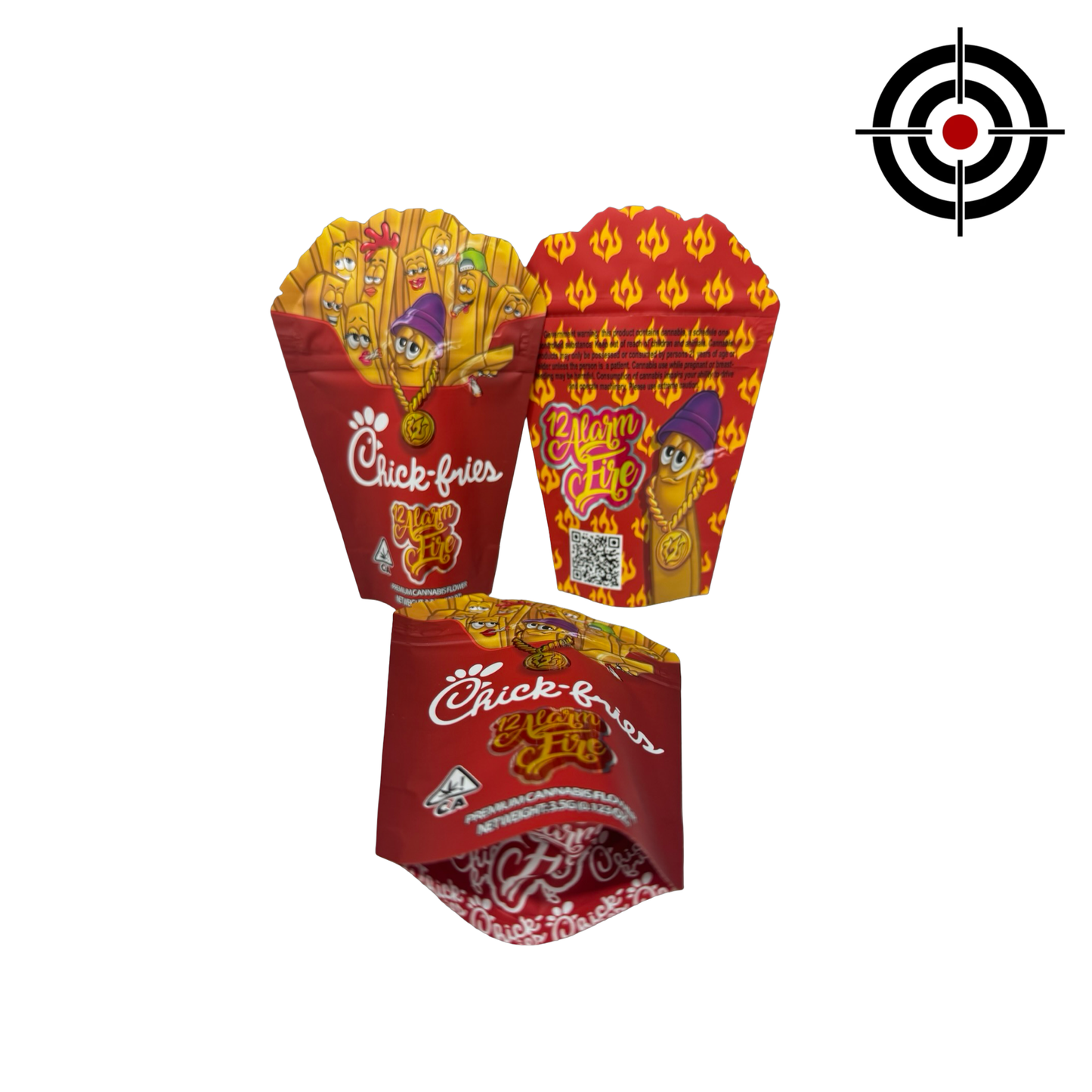 Chick Fries Mylar Bags 3.5g 12 Alarm Fire — 3.5g pre‑printed mylar bag — overview (front, back & gusset)