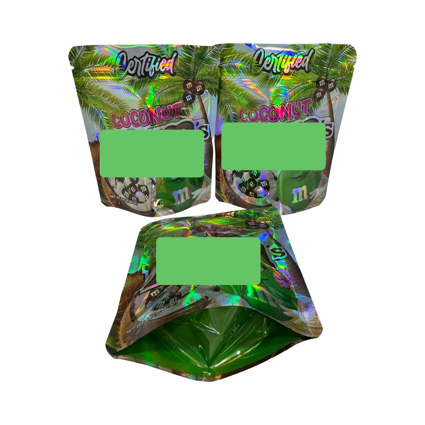 Coconut Em & Em’s Mylar Bags 3.5g Certified (Only $0.21 Each) — 3.5g pre‑printed mylar bag — overview (front, back & gusset)