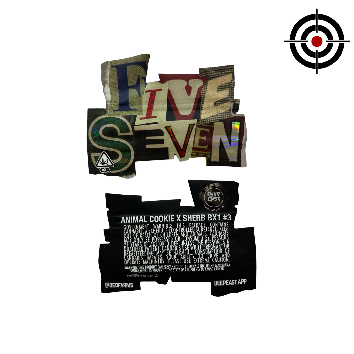 Five Seven Mylar Bags 3.5g Deep East — 3.5g pre‑printed mylar bag — overview (front, back & gusset)