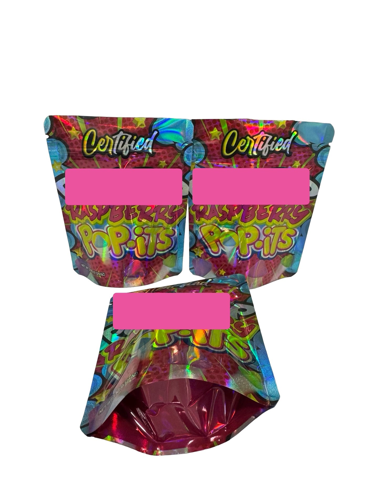Raspberry Pop-Itz Push Popz Mylar Bags 3.5g Certified (Only $0.21 Each) — 3.5g pre‑printed mylar bag — overview (front, back…