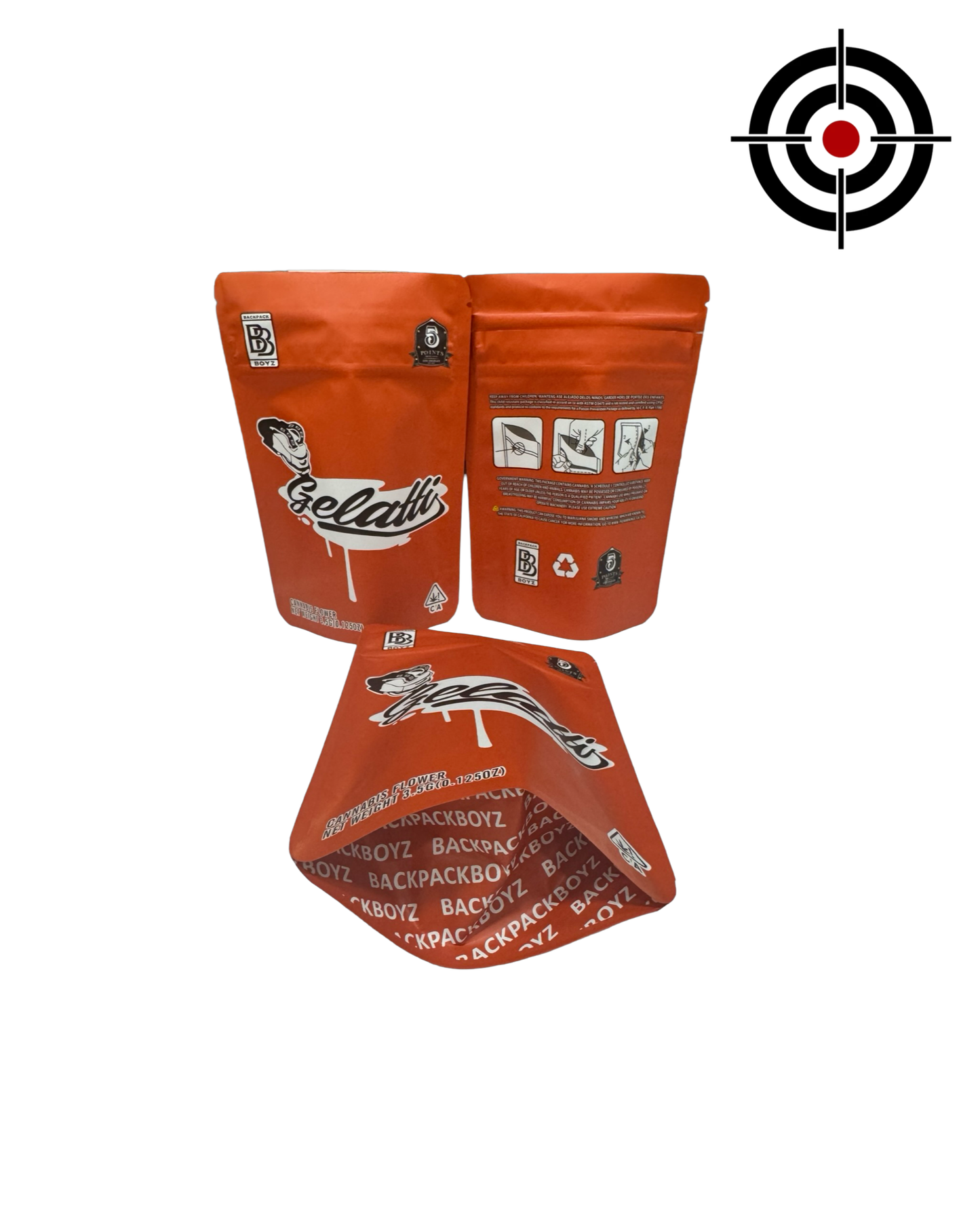 Gelatti (Retro) Mylar Bags 3.5g Backpack Boyz — 3.5g pre‑printed mylar bag — front, back and gusset