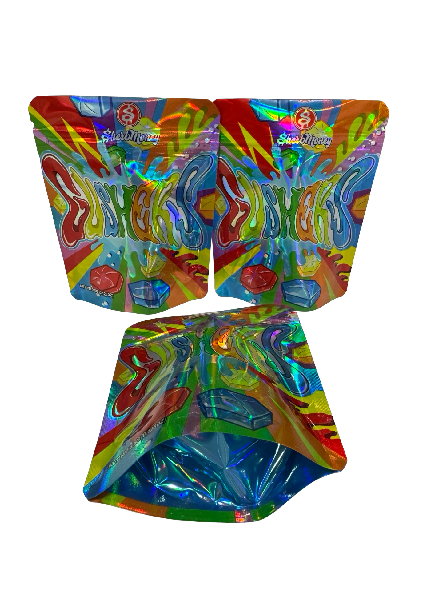 Gusherz Mylar Bags 3.5g SherbMoney (Only $0.21 Each) — 3.5g pre‑printed mylar bag — overview (front, back & gusset)