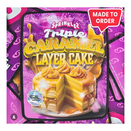 Triple Caramel Layer Cake 3.5g mylar bag, 4×5 — Sprinklez • Torch World — made to order