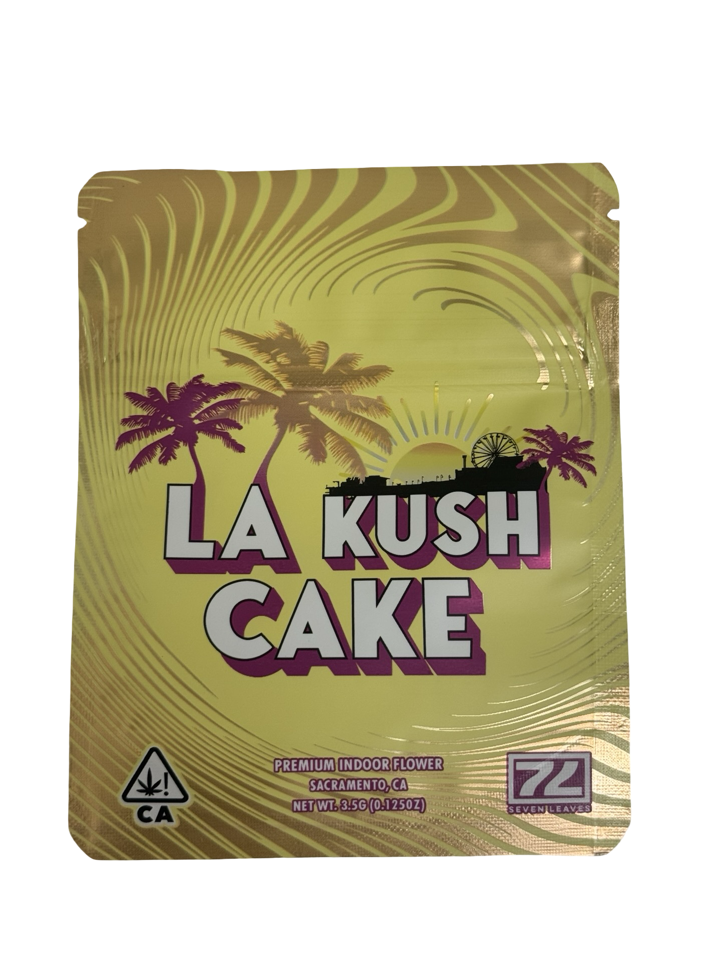 Seven Leaves LA Kush Cake 3.5g mylar bag — front view — matte with metallic spot‑UV, CR zipper, viewing window