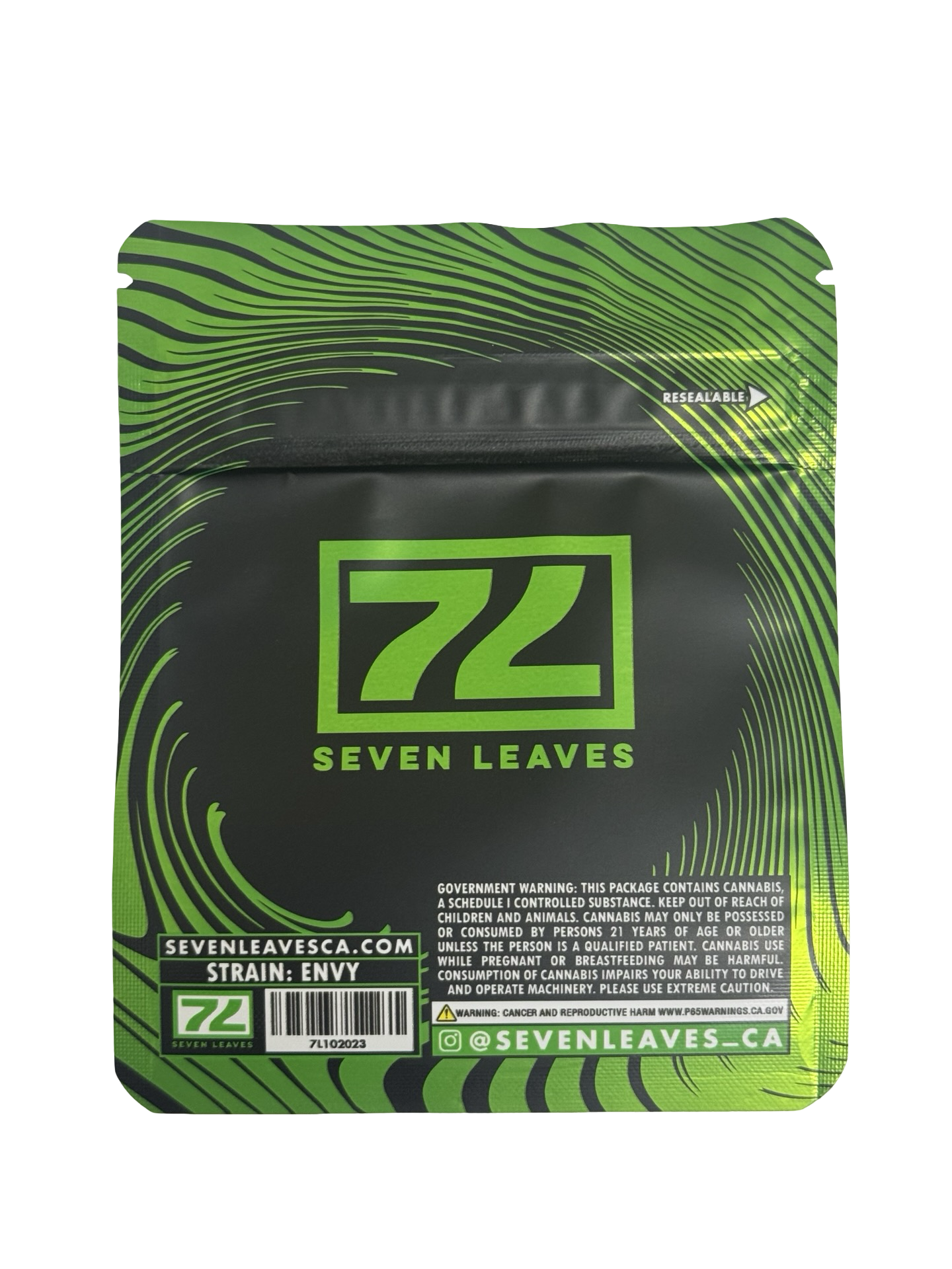 Seven Leaves Envy 3.5g mylar bag — back view — matte with metallic spot‑UV, CR zipper, viewing window