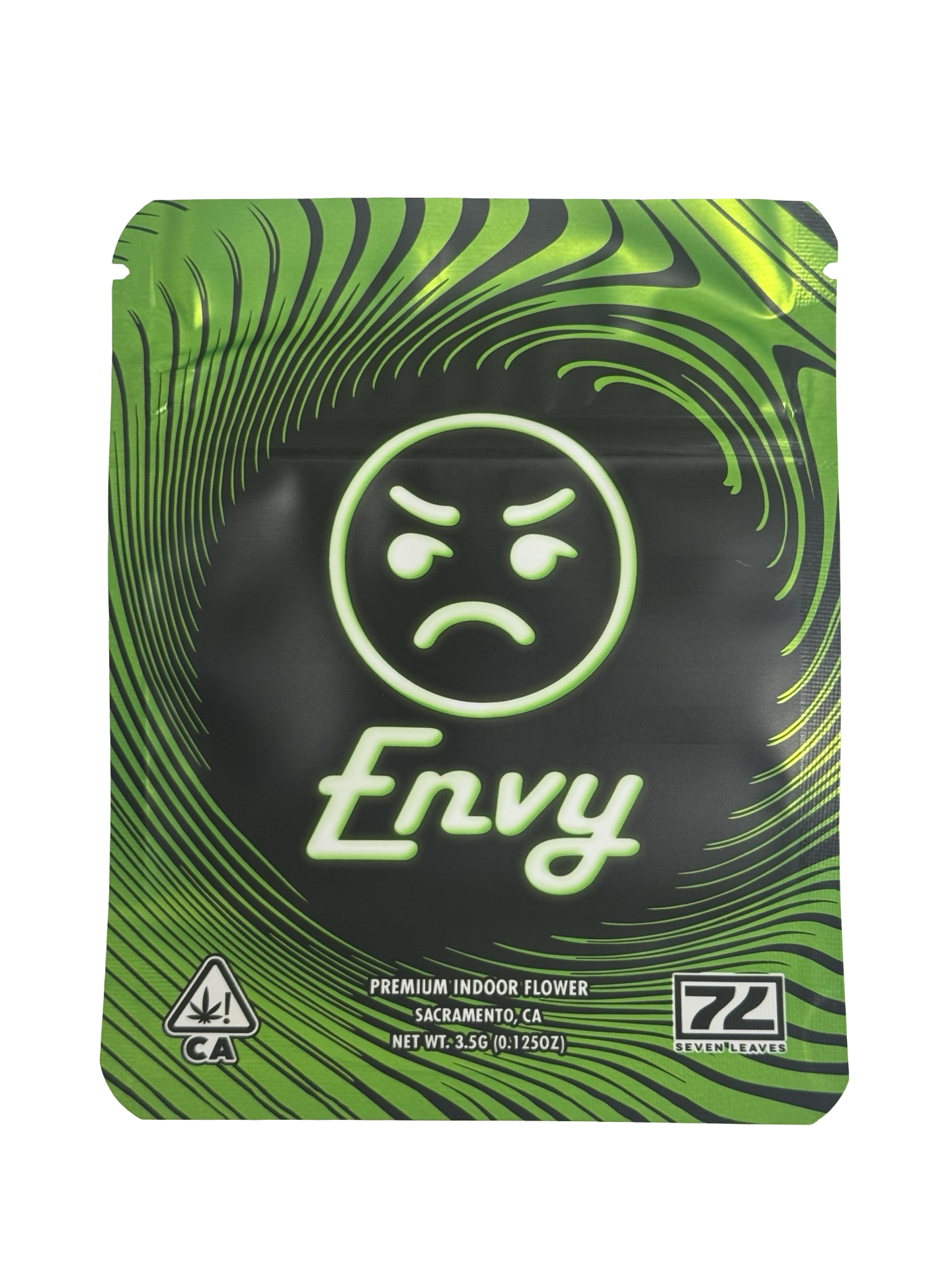 Seven Leaves Envy 3.5g mylar bag — front view — matte with metallic spot‑UV, CR zipper, viewing window