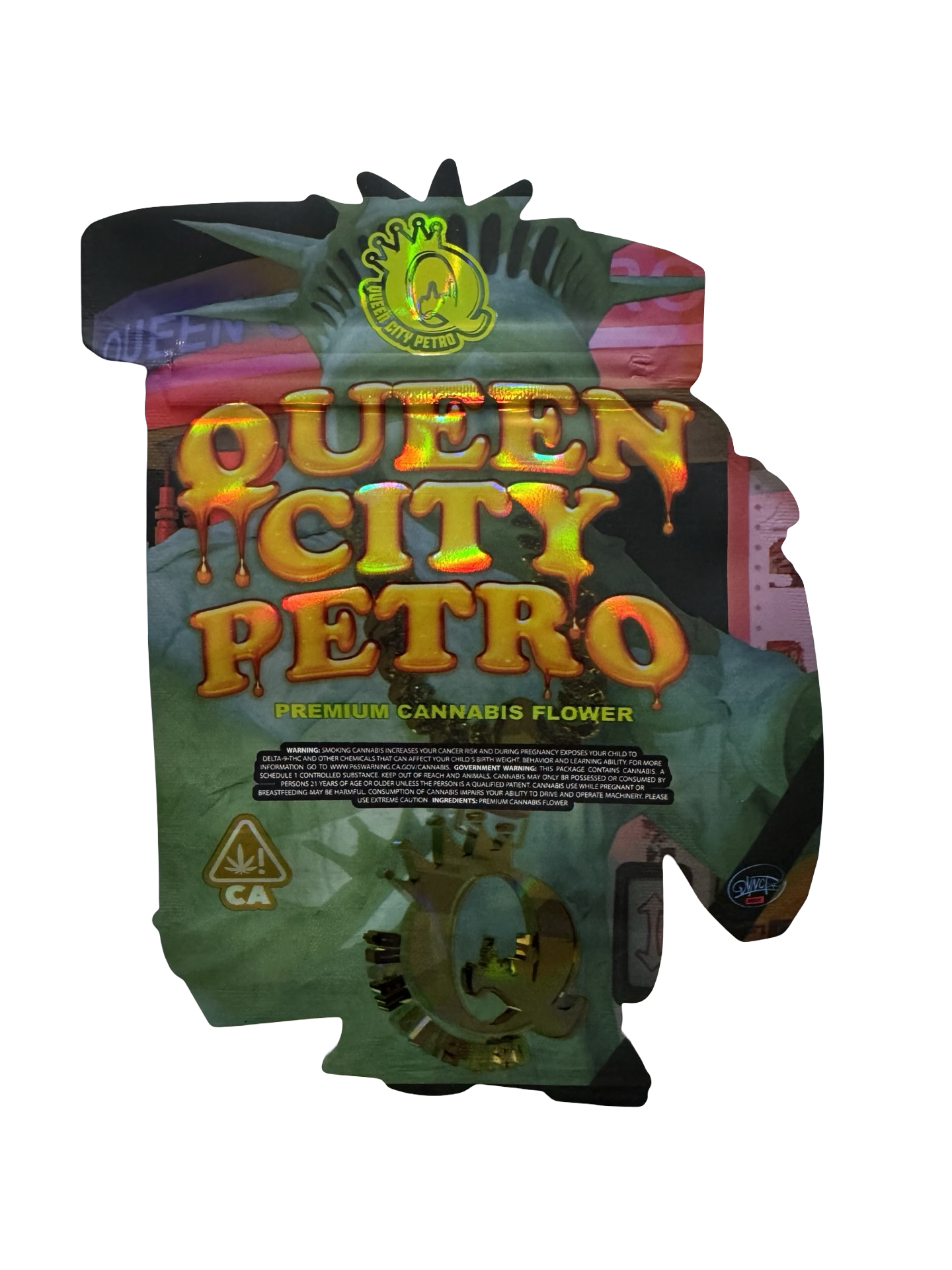 Davinci Queen City Petro 3.5g mylar bag — back view — matte mylar bag with holographic spot uv effects with resealable zipper