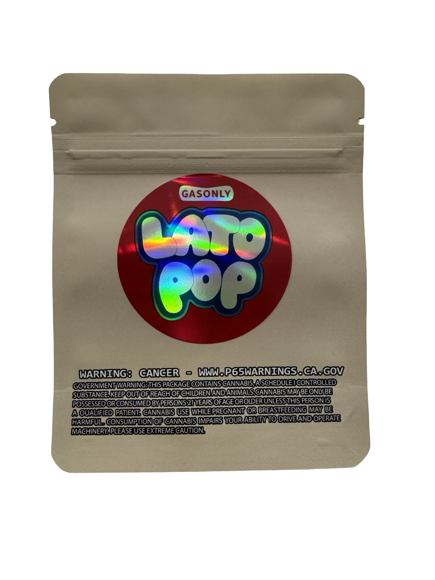 High Tolerance Latopop LB’s Cut 3.5g mylar bag — back view — matte mylar bag with holographic spot uv effects with resealable zipper