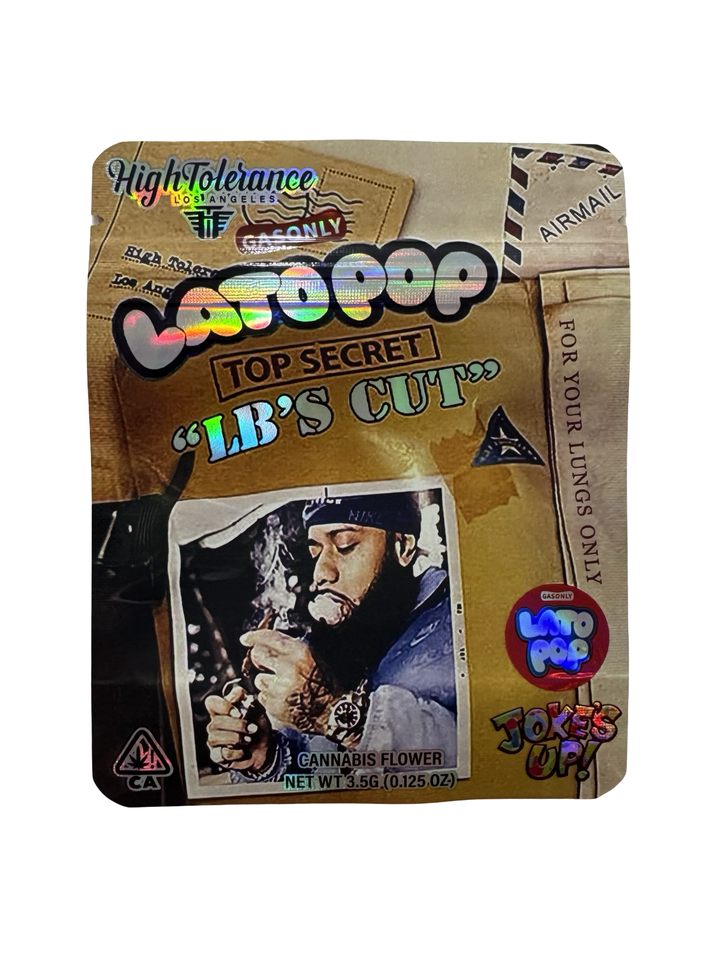 High Tolerance Latopop LB’s Cut 3.5g mylar bag — front view — matte mylar bag with holographic spot uv effects with resealable zipper