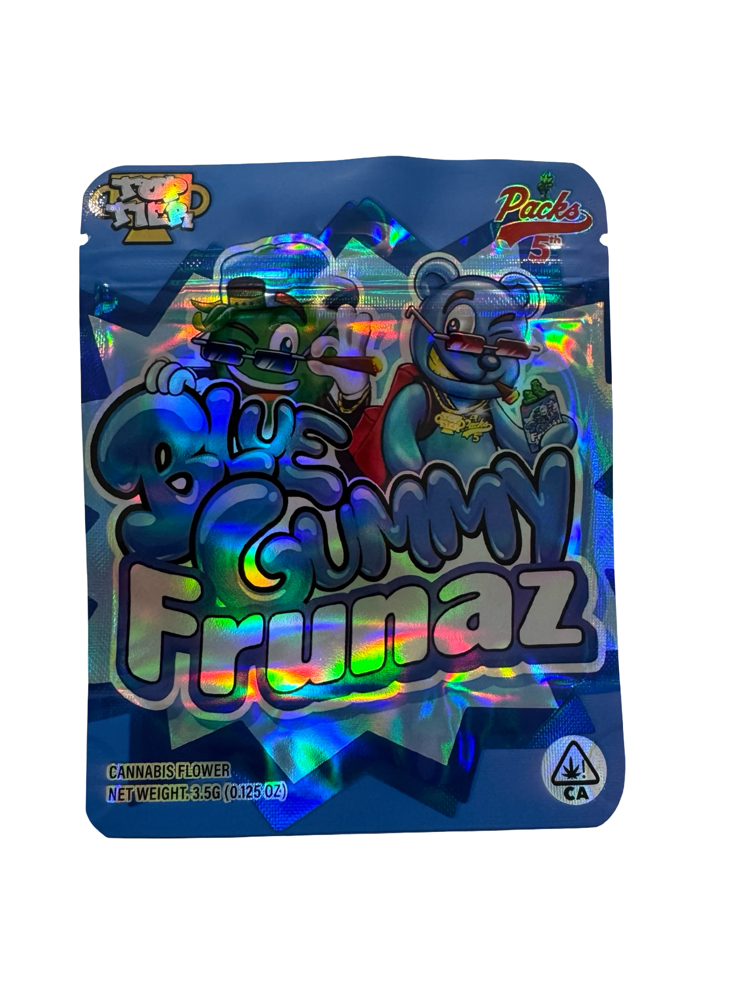 Top Tier Blue Gummy Frunaz 3.5g mylar bag — front view — matte mylar bag with holographic spot uv effects with resealable zipper