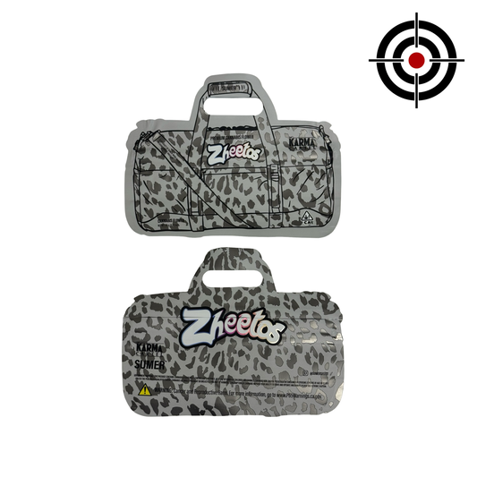 3.5g mylar bags with leopard print pattern and 'Zheetos' branding on a white background.
