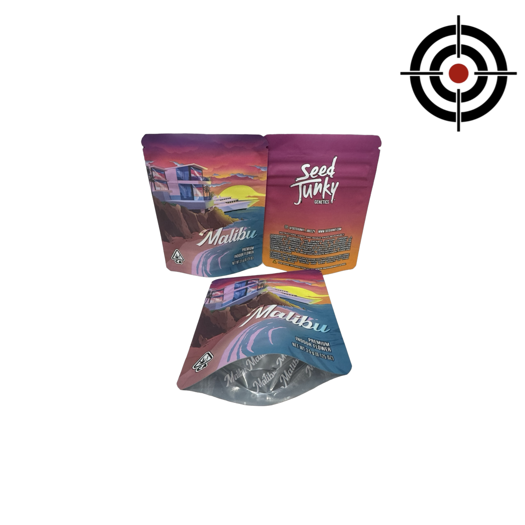 Malibu Mylar Bags 3.5g Seed Junky — 3.5g pre‑printed mylar bag — overview (front, back & gusset)
