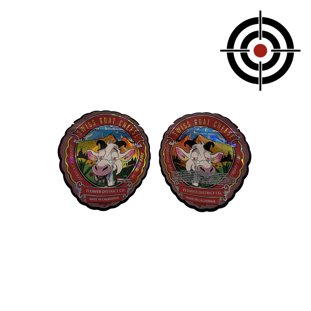 Swiss Goat Cheese Mylar Bags 3.5g Flower District Co. — 3.5g pre‑printed mylar bag — overview (front, back & gusset)