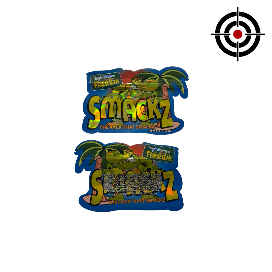 Smackz Mylar Bags 3.5g High Tolerance — 3.5g pre‑printed mylar bag — overview (front, back & gusset)