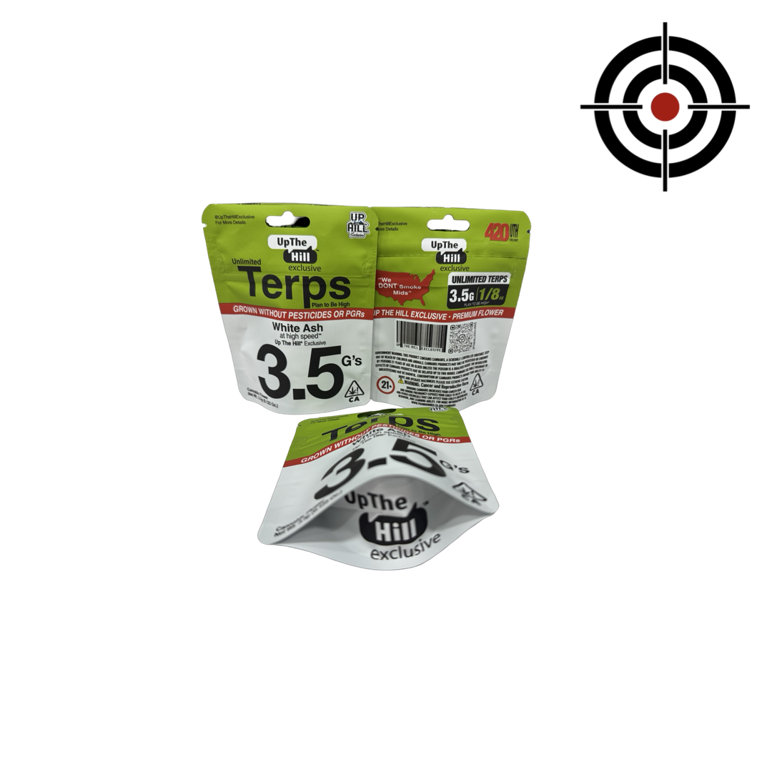 Unlimited Terps Mylar Bags 3.5g Up The Hill Exclusive — 3.5g pre‑printed mylar bag — front