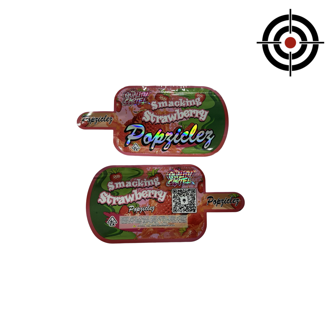 Smacking Strawberry Popziclez Mylar Bags 3.5g Quality Cartel — 3.5g pre‑printed mylar bag — overview (front, back & gusset)