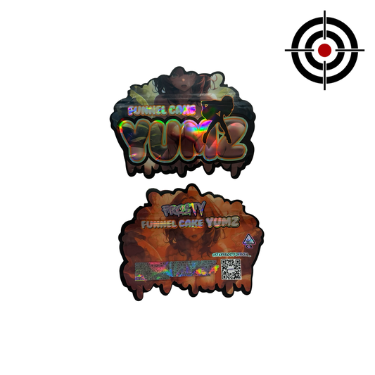 Funnel Cake Yumz Mylar Bags 3.5g Frosty — 3.5g pre‑printed mylar bag — overview (front, back & gusset)