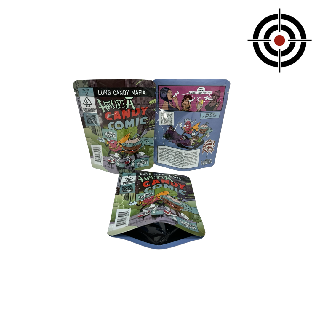 Candy Comic Haupia Mylar Bags 3.5g Haupia — 3.5g pre‑printed mylar bag — overview (front, back & gusset)