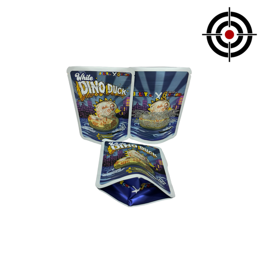 White Dino Duck Mylar Bags 3.5g Gooniez — 3.5g pre‑printed mylar bag — overview (front, back & gusset)