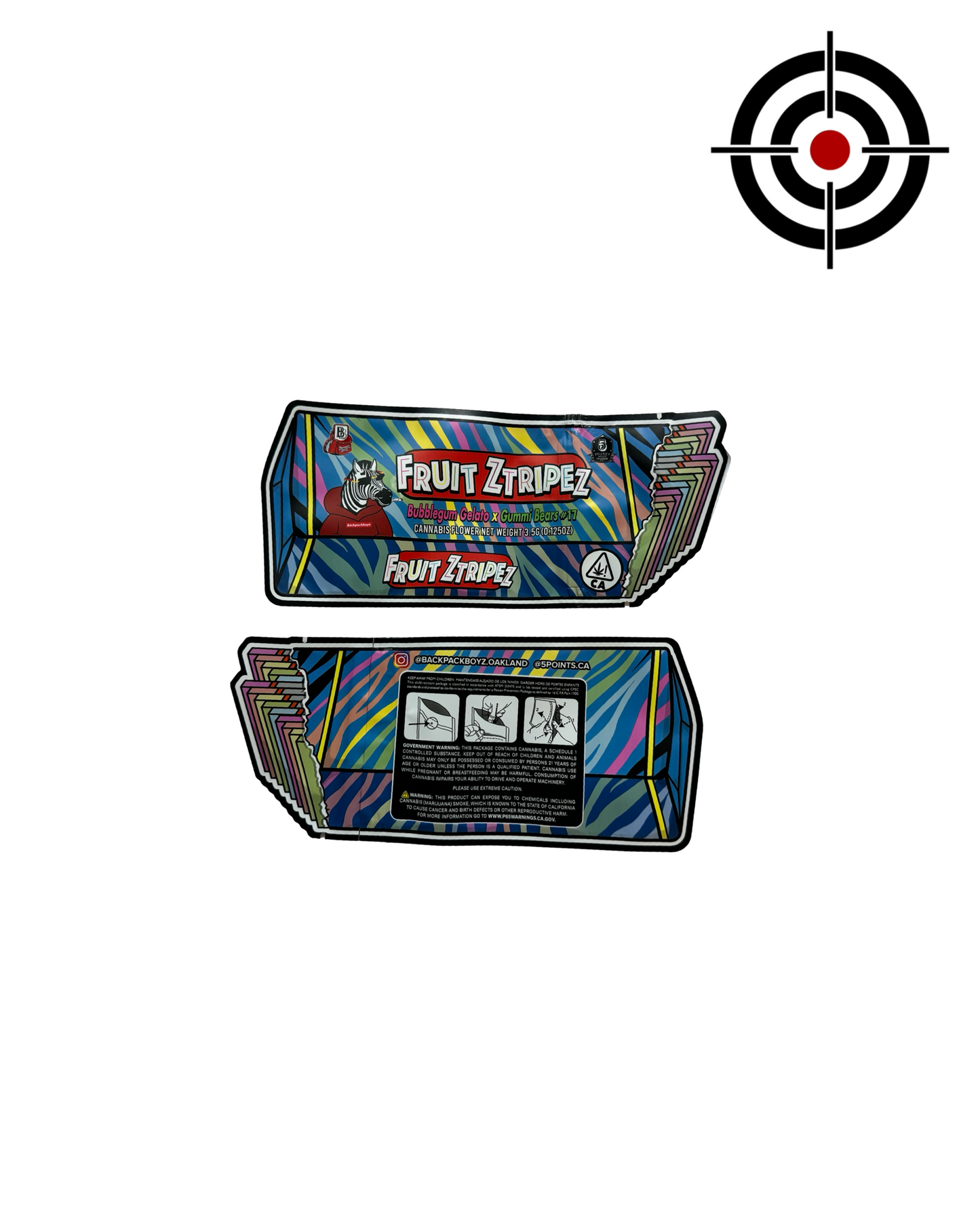 Fruit Ztripez Mylar Bags 3.5g Backpack Boyz — 3.5g pre‑printed mylar bag — overview (front, back & gusset)