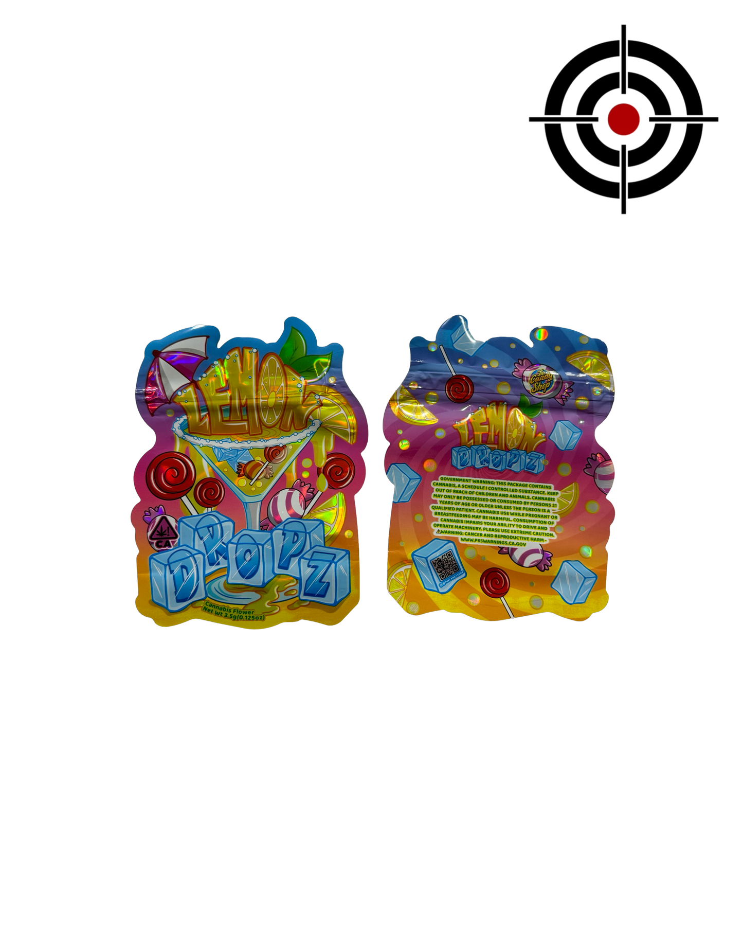 Lemon Dropz Mylar Bags 3.5g The Candy Shop — 3.5g pre‑printed mylar bag — overview (front, back & gusset)