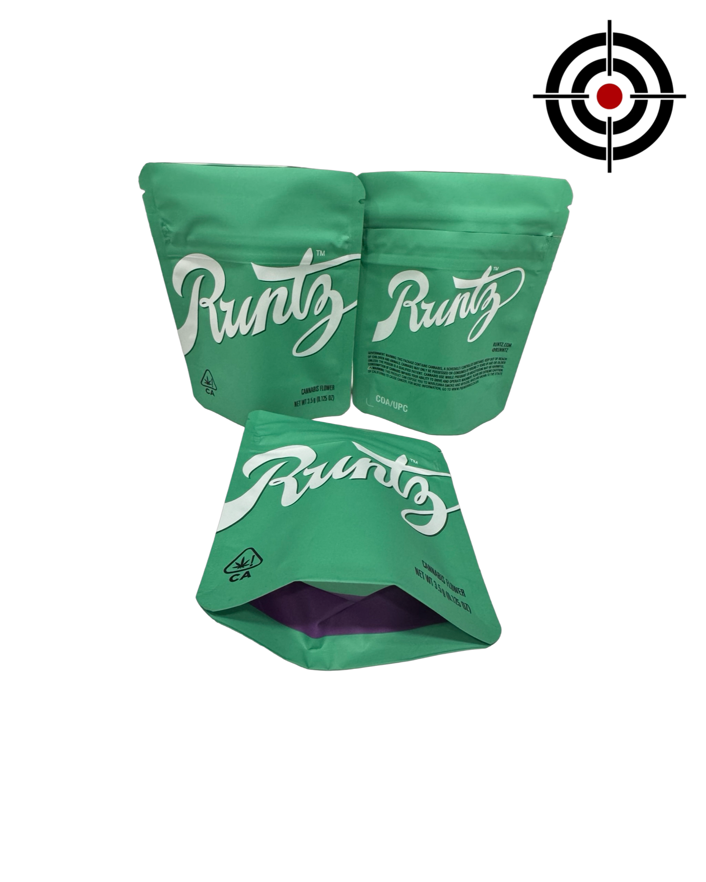 Runtz Mylar Bags 3.5g Runtz — 3.5g pre‑printed mylar bag — overview (front, back & gusset)