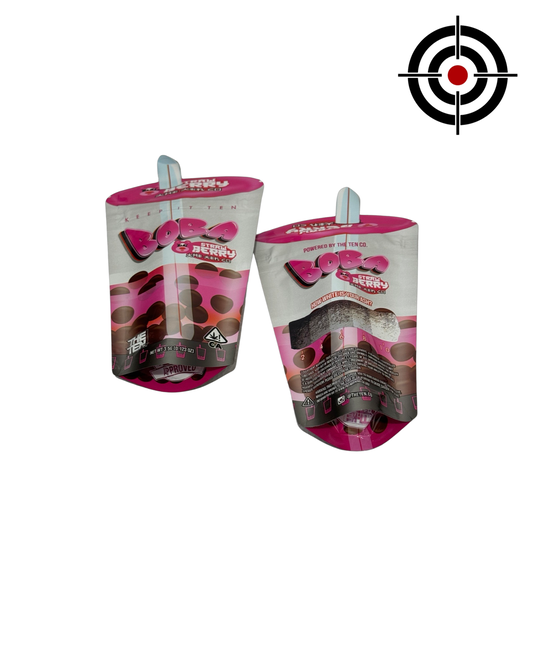 Strawberry Boba Mylar Bags 3.5g The Ten Co — 3.5g pre‑printed mylar bag — overview (front, back & gusset)