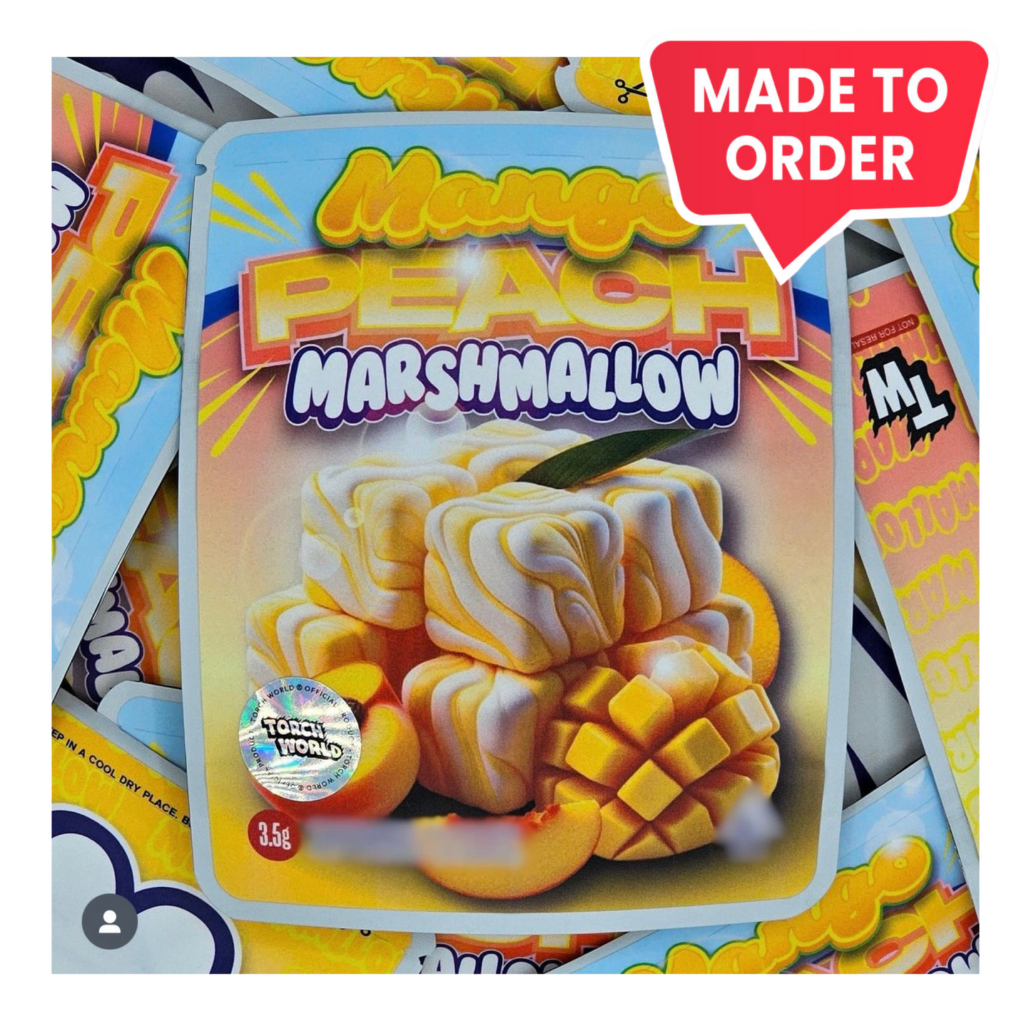 Mango Peach Marshmallow 3.5g mylar bag, 4×5 — Sprinklez • Torch World — made to order