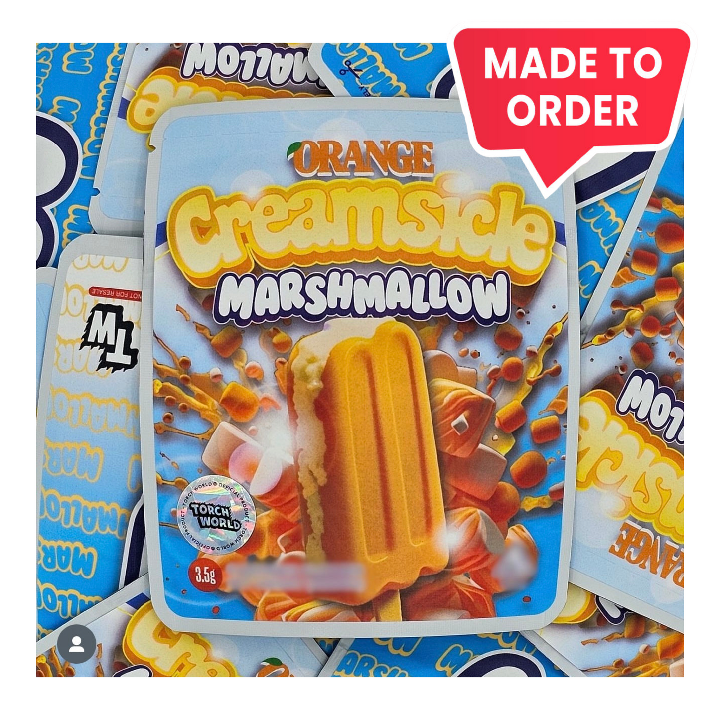Orange Creamsicle Marshmallow 3.5g mylar bag, 4×5 — Sprinklez • Torch World — made to order