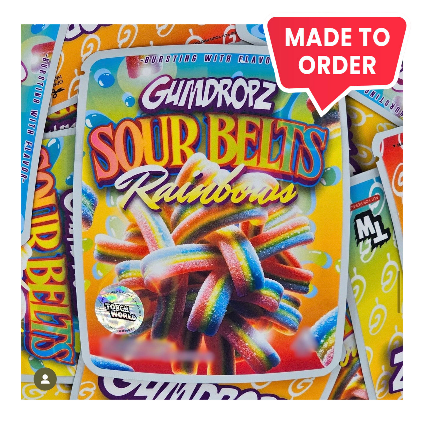 Sour Rainbow Belts Gumdropz 3.5g mylar bag, 4×5 — Sprinklez • Torch World — made to order
