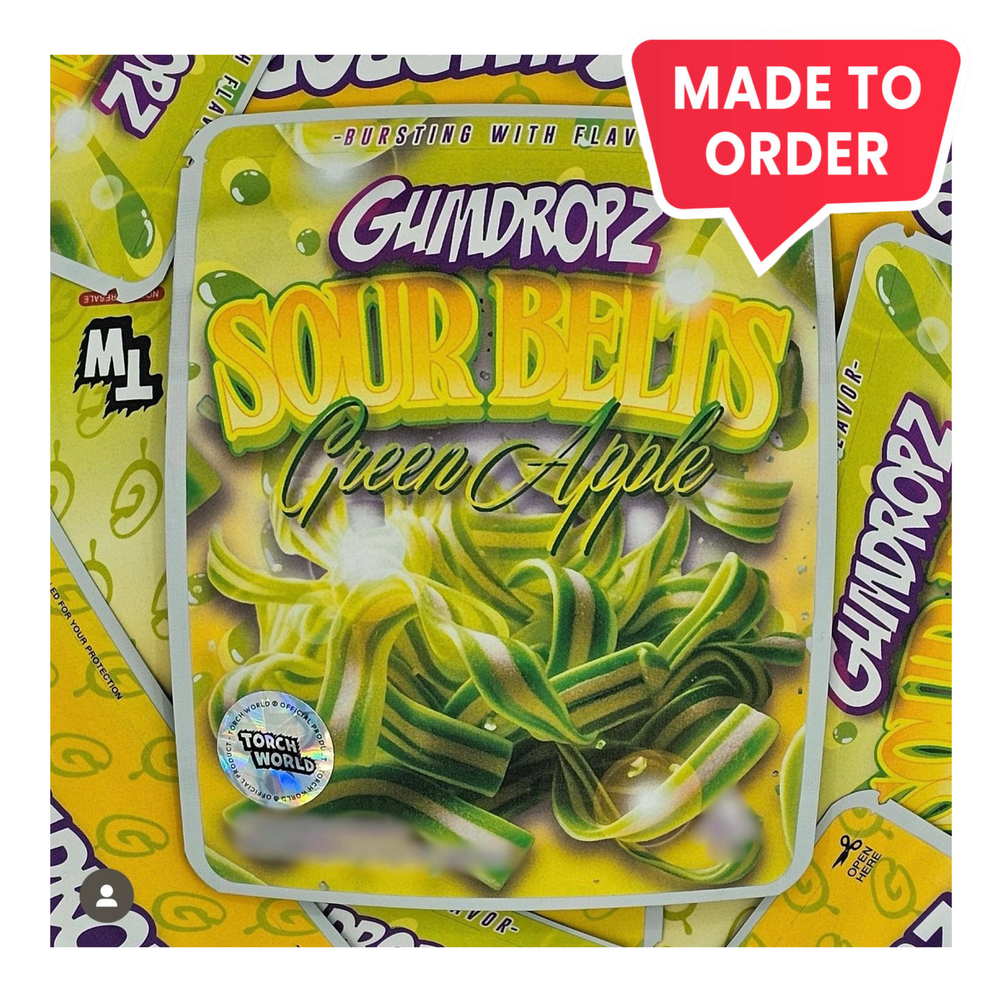 Sour Green Apple Belts Gumdropz 3.5g Mylar Bags Sprinklez Torch World (made-to-order)