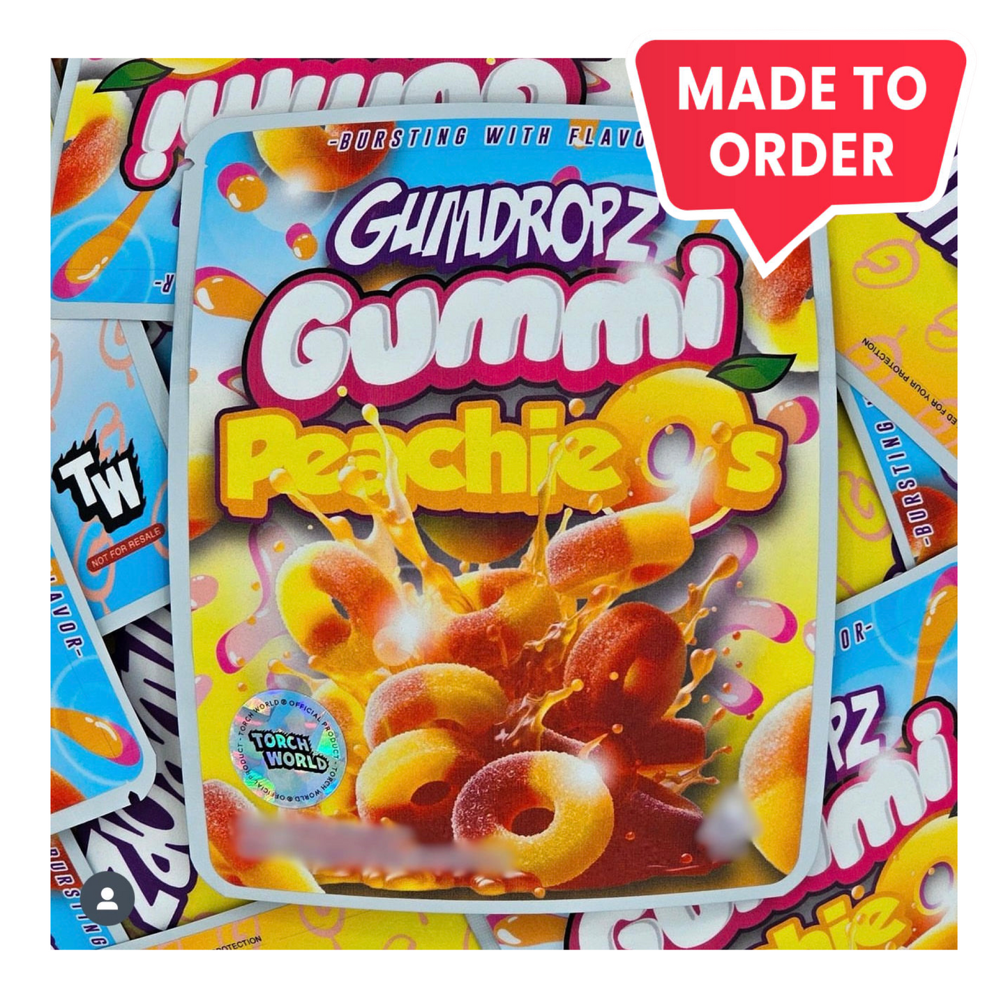 Gummi Peachie O's Gumdropz 3.5g Mylar Bags Sprinklez Torch World (made-to-order)
