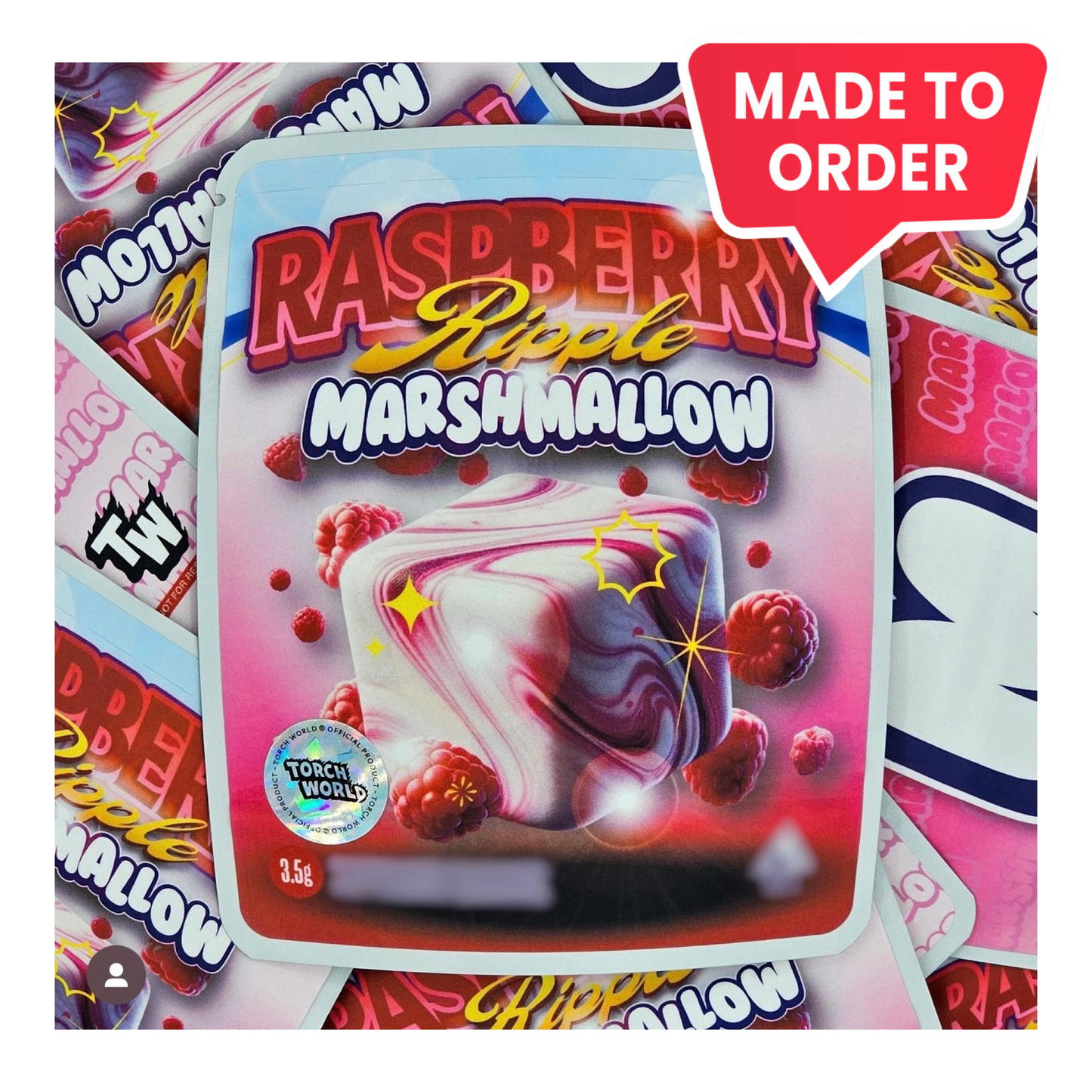 Raspberry Ripple Marshmallow 3.5g mylar bag, 4×5 — Sprinklez • Torch World — made to order