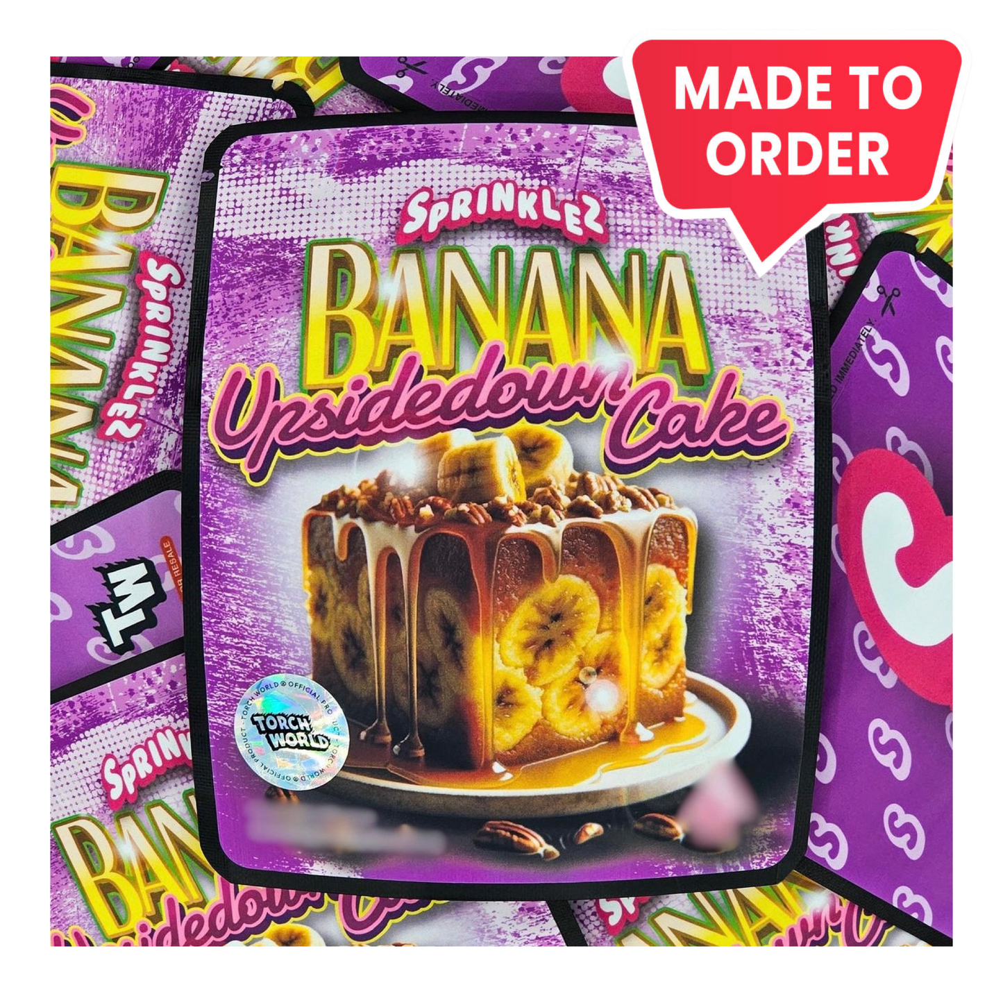 Banana Upsidedown Cake 3.5g mylar bag, 4×5 — Sprinklez • Torch World — made to order